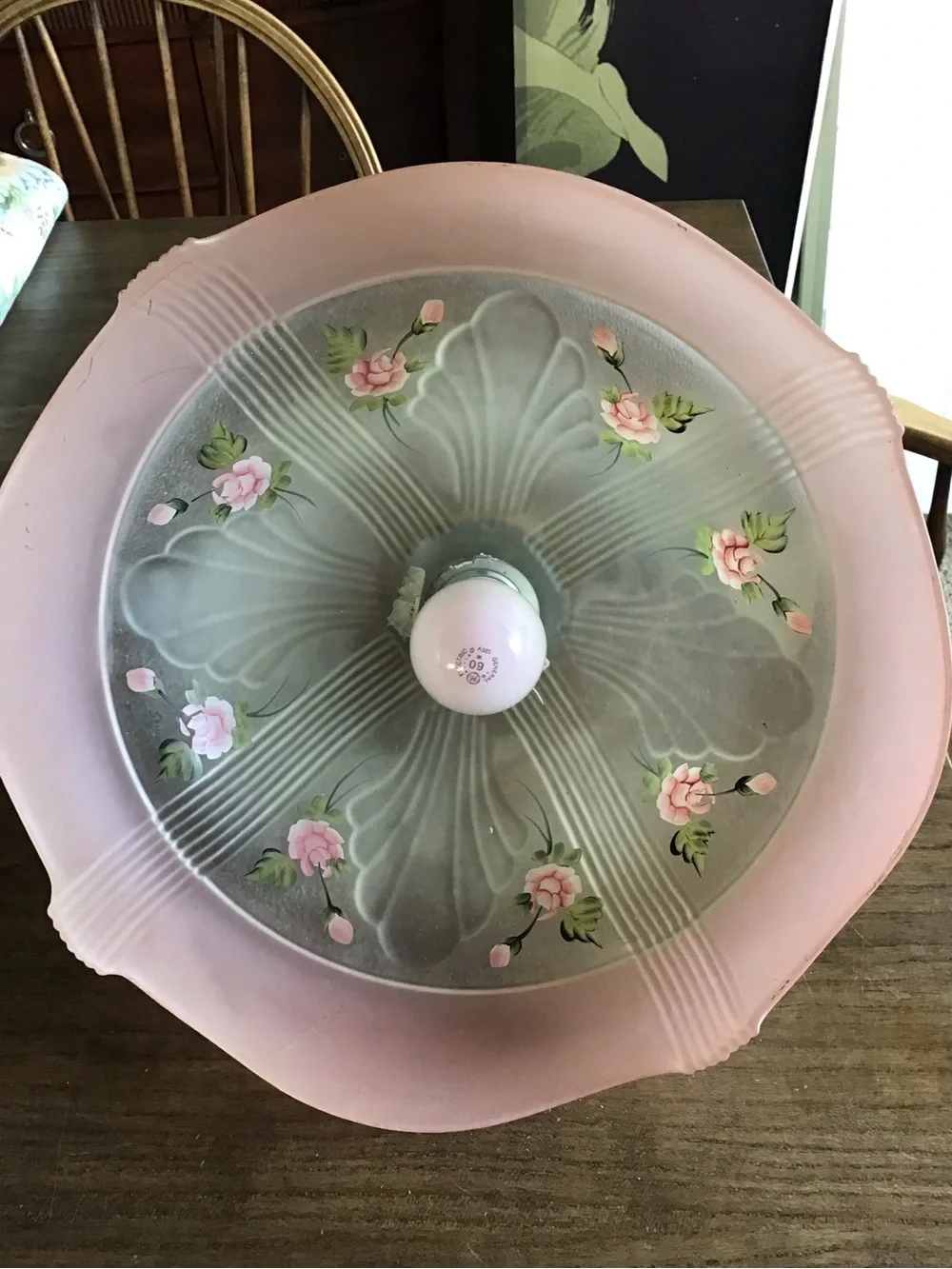 Vintage Cottagecore Pink & White Frosted Lamp with Handpainted Painted Roses